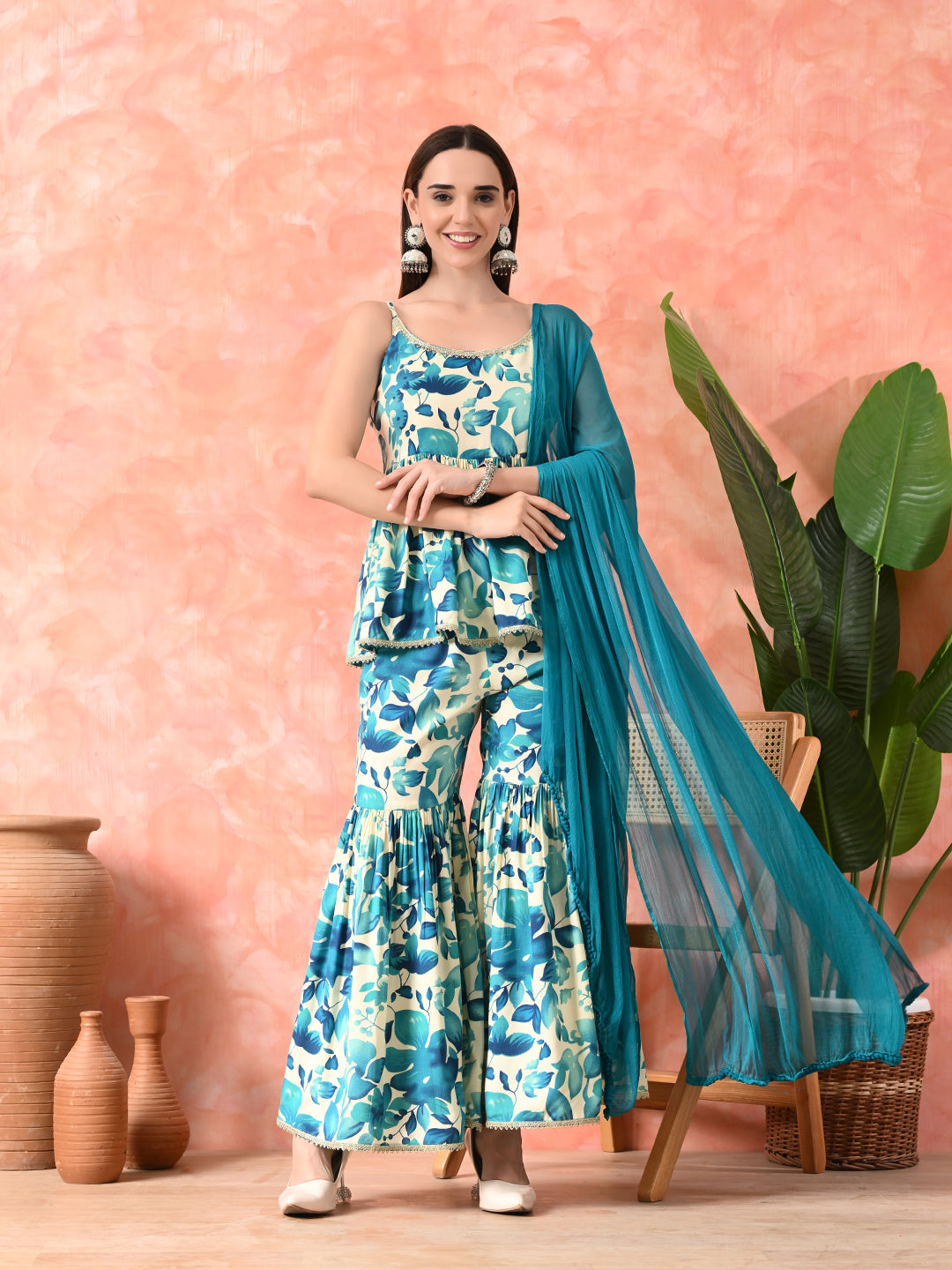 Floral Printed A-Line Kurti With Sharara & Dupatta