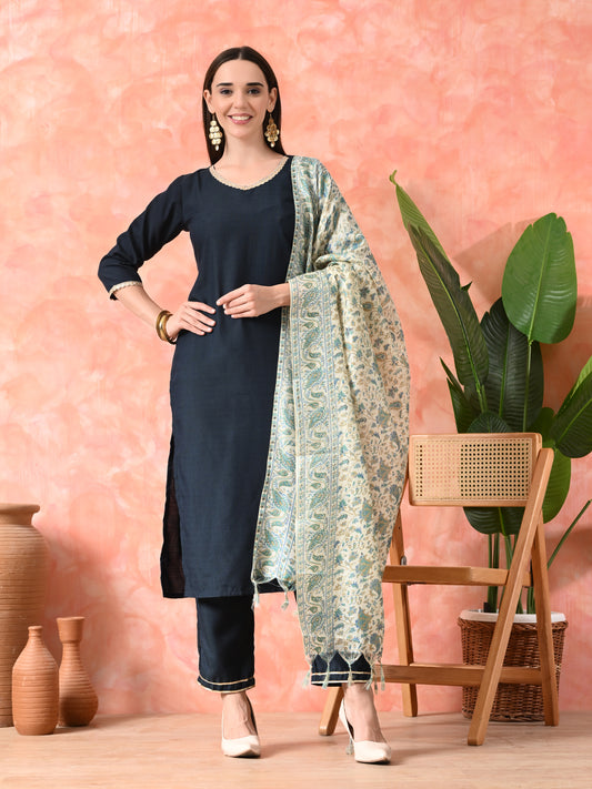 Printed Round Neck A-Line Kurta With Trousers & Dupatta