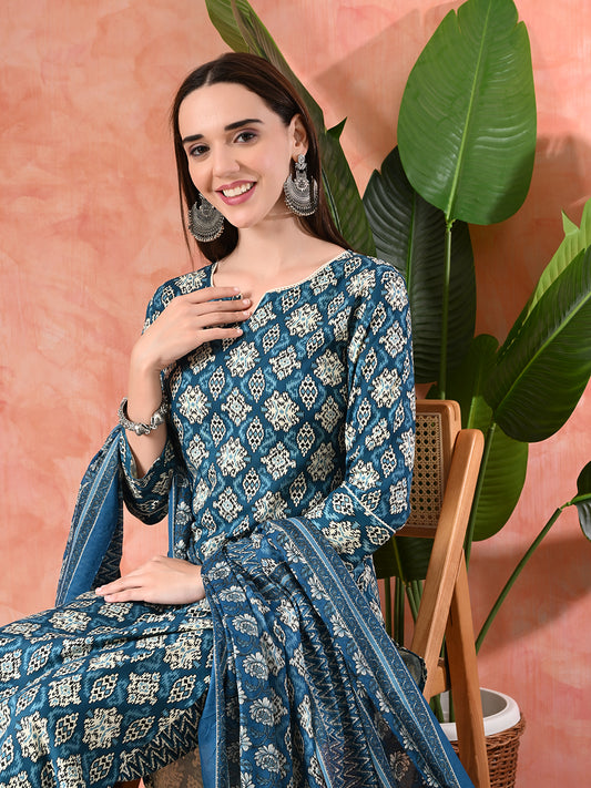 Printed A-Line Kurta With Trousers & Dupatta