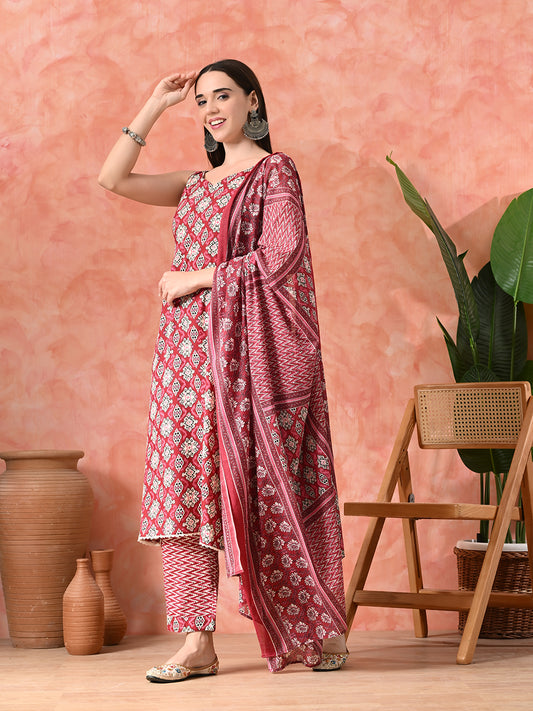 Printed A-Line Kurta With Trousers & Dupatta