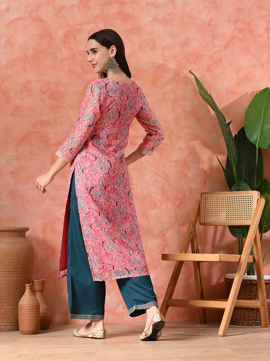 Floral Printed V Neck Straight Kurta With Palazzo
