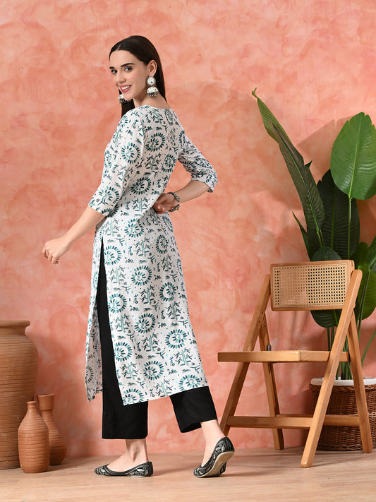 Women's Elegant White & Green Printed Viscose Rayon Kurta with Black Palazzo Set