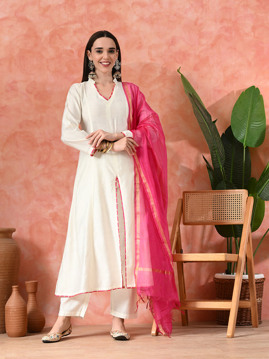 A-Line Kurta With Trousers & Dupatta