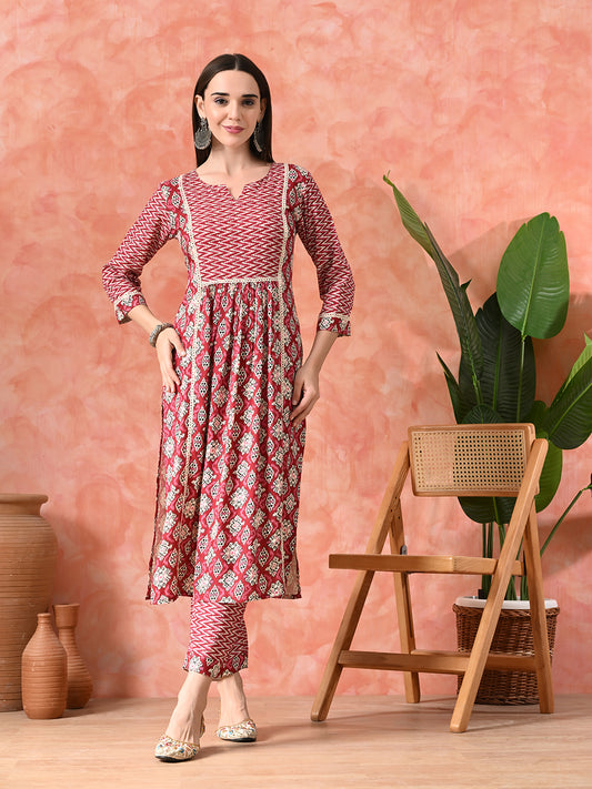 Printed A-Line Kurta With Trousers & Dupatta