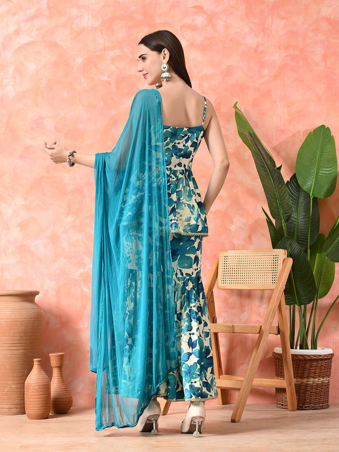 Floral Printed A-Line Kurti With Sharara & Dupatta