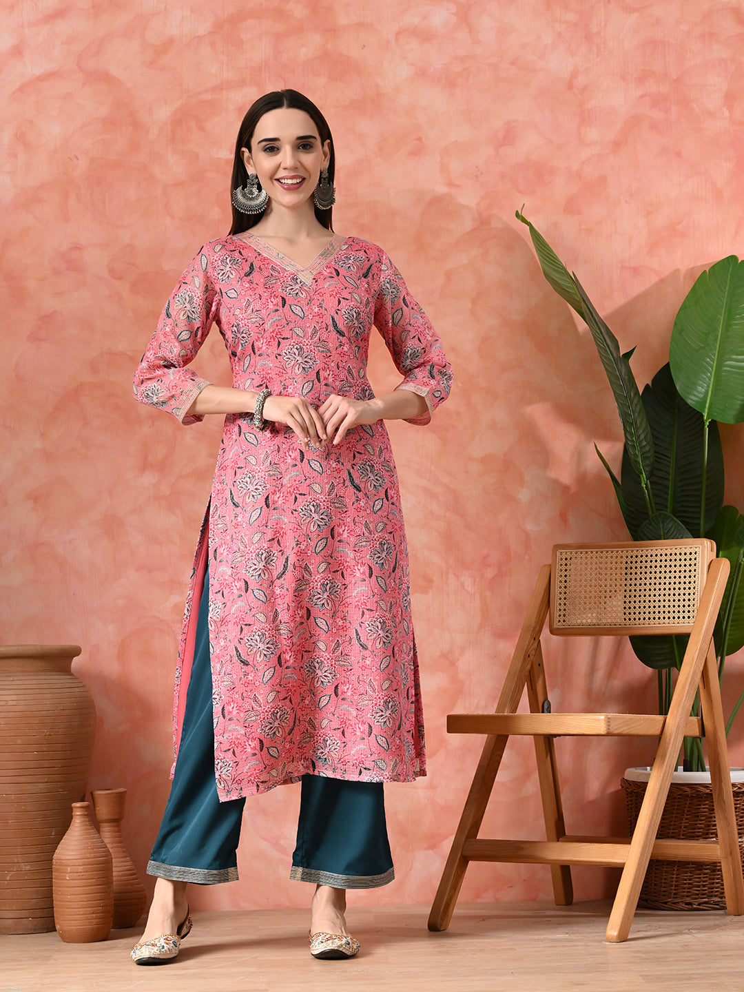 Floral Printed V Neck Straight Kurta With Palazzo