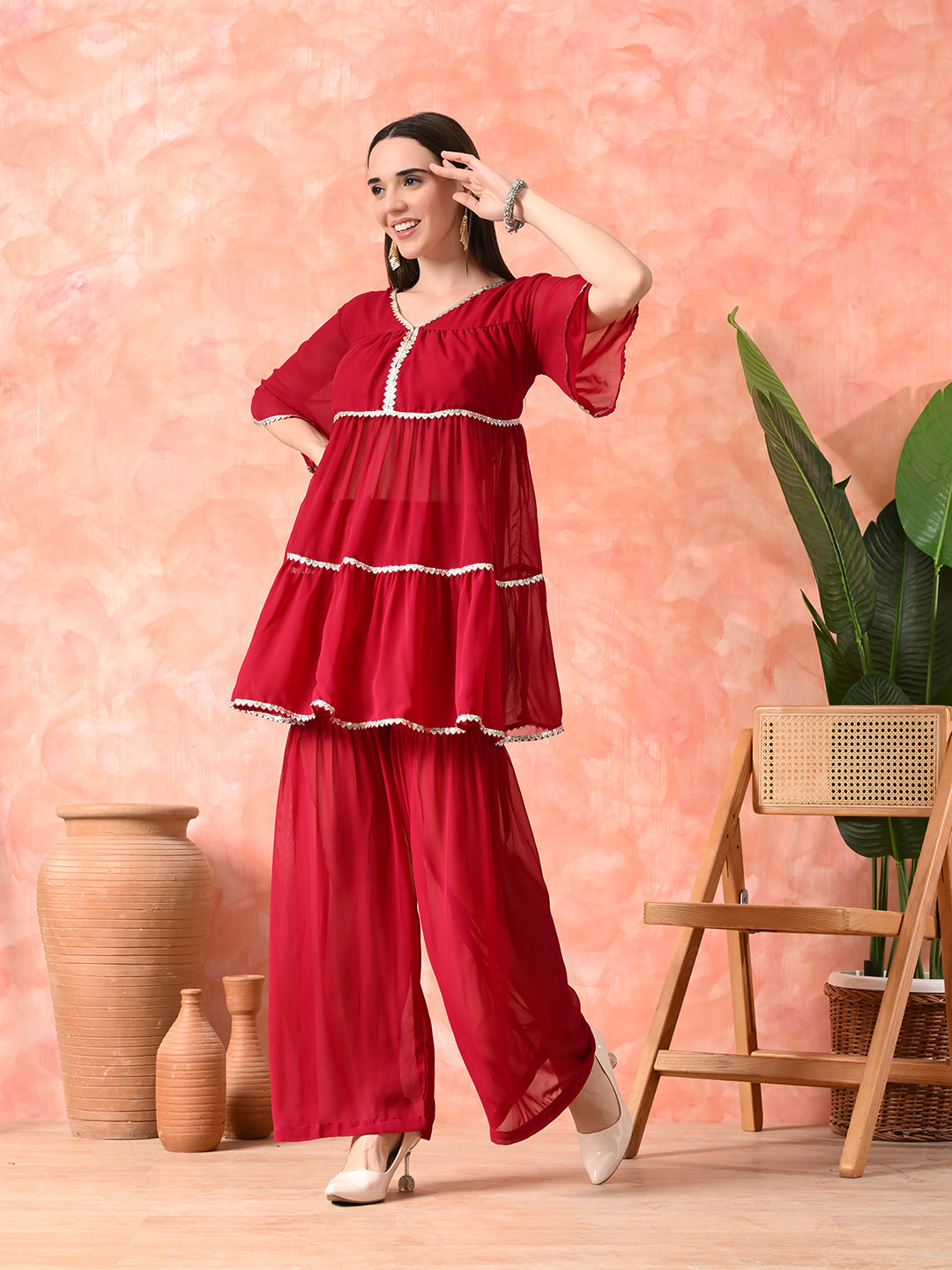 V-Neck Anarkali Kurti With Sharara Set