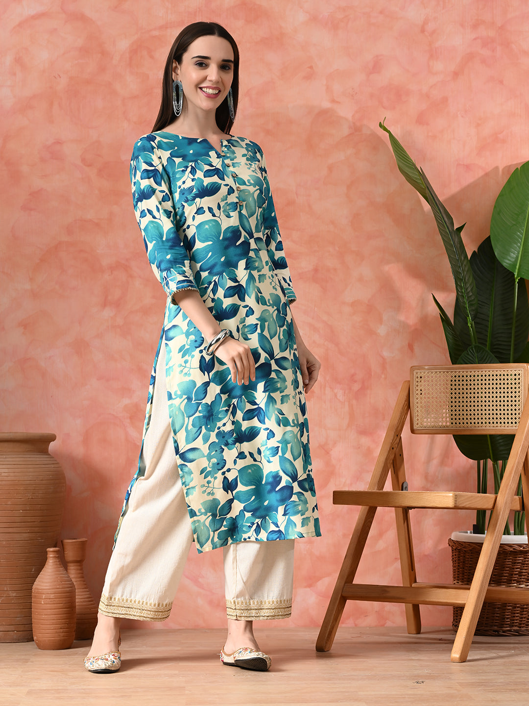 Floral Printed A-Line Kurta With Trousers