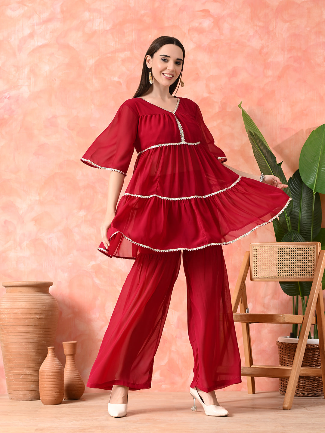 V-Neck Anarkali Kurti With Sharara Set