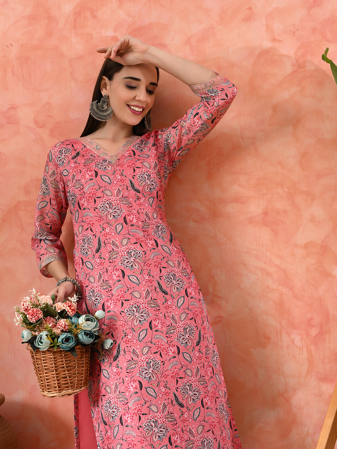 Floral Printed V Neck Straight Kurta With Palazzo