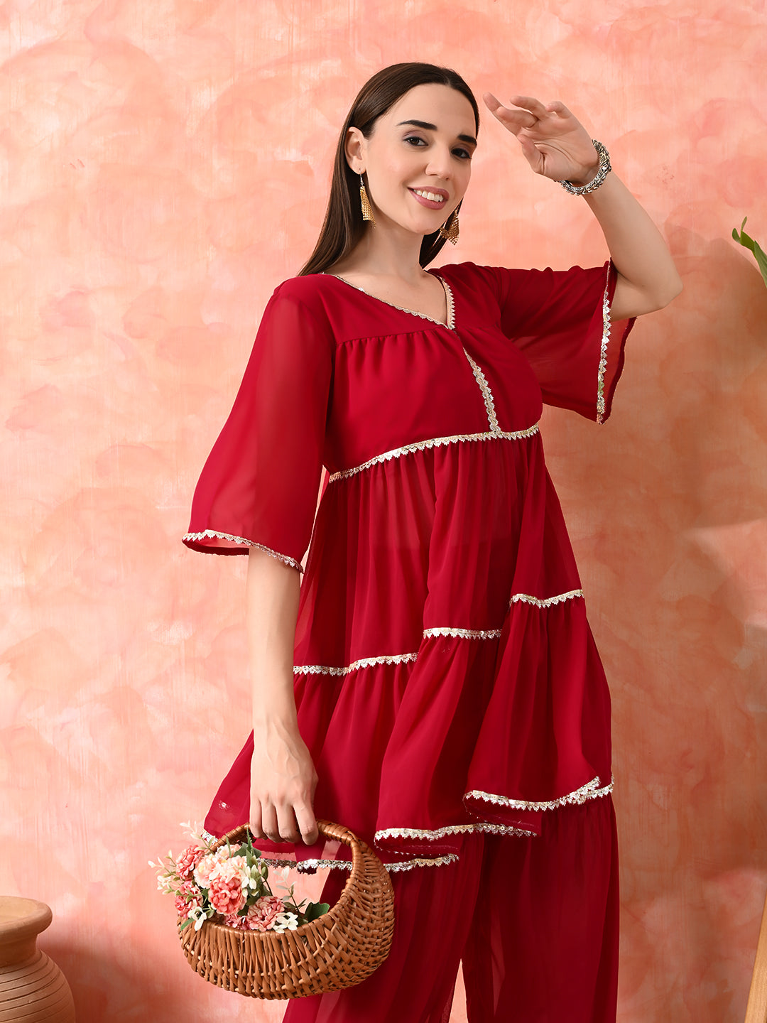 V-Neck Anarkali Kurti With Sharara Set