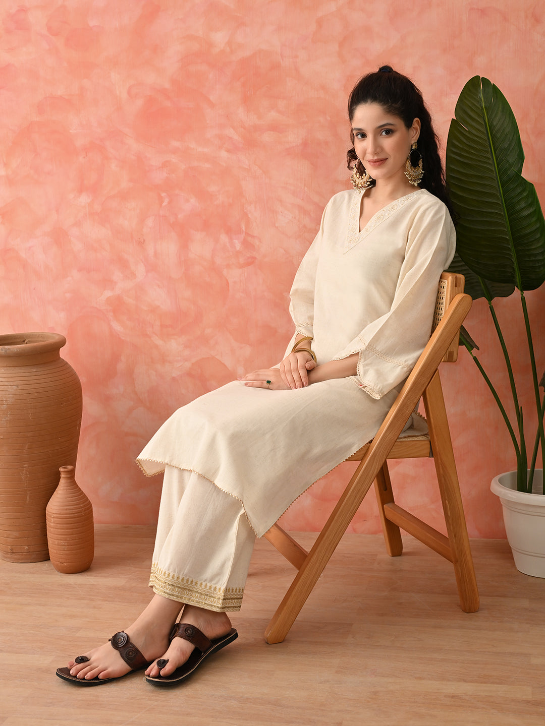 Embroidered Thread Work Pure Cotton Kurta with Palazzos