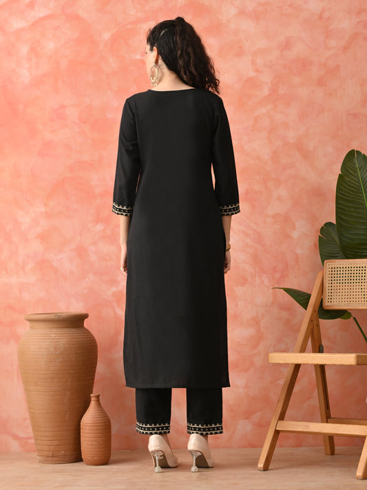 Elegant Black Viscose Rayon Kurta Set for Women | Embroidered Ethnic Wear