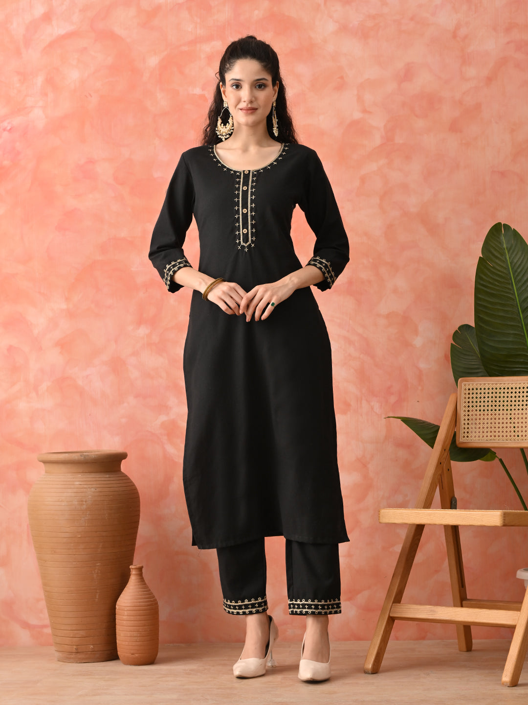 Elegant Black Viscose Rayon Kurta Set for Women | Embroidered Ethnic Wear