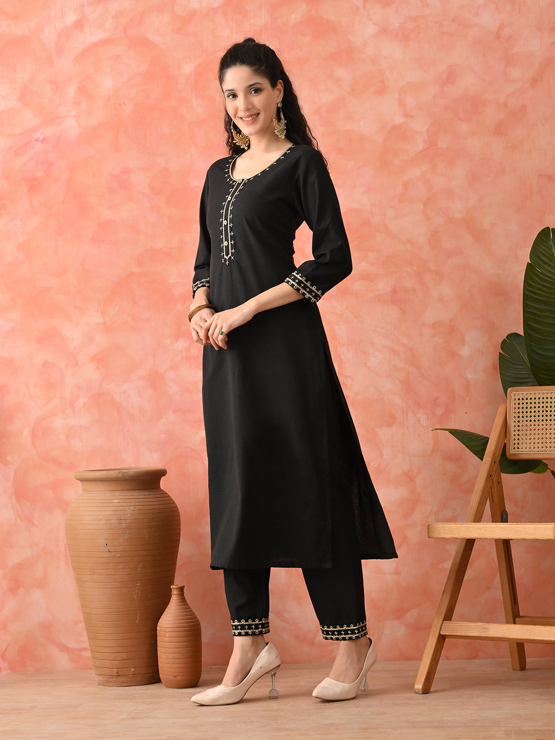 Elegant Black Viscose Rayon Kurta Set for Women | Embroidered Ethnic Wear
