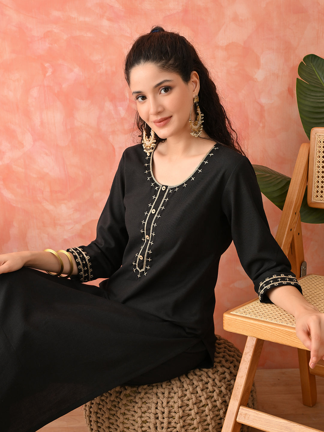 Elegant Black Viscose Rayon Kurta Set for Women | Embroidered Ethnic Wear