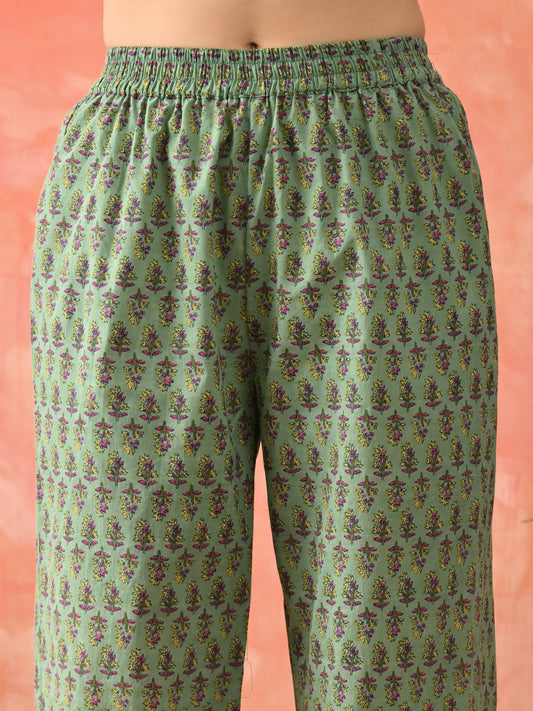 Floral Printed V-Neck Angrakha Kurta & Trousers With Dupatta