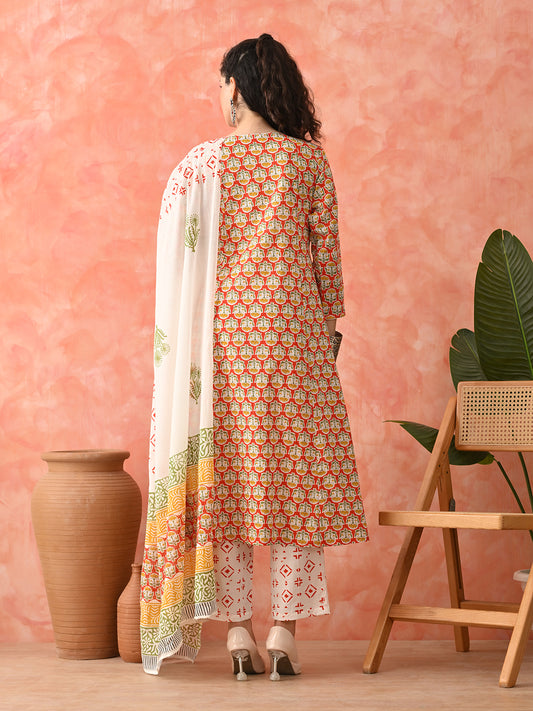 Women Floral Printed Cotton Kurta with Trousers & Dupatta