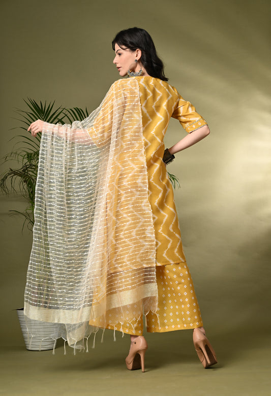 Vibrant & Chic: Women's Mustard Yellow Printed Poly Muslin Kurta Set with Art Silk Dupatta