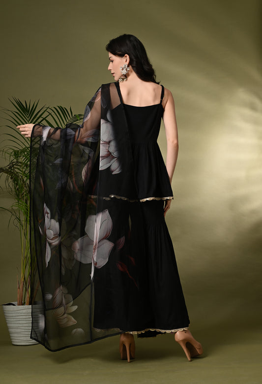 Sophisticated Glamour: Women's Black Viscose Rayon Peplum Kurta Sharara Set with Floral Organza Dupatta