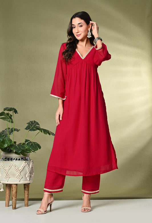 Red V-Neck Georgette A-Line Kurta With Trousers