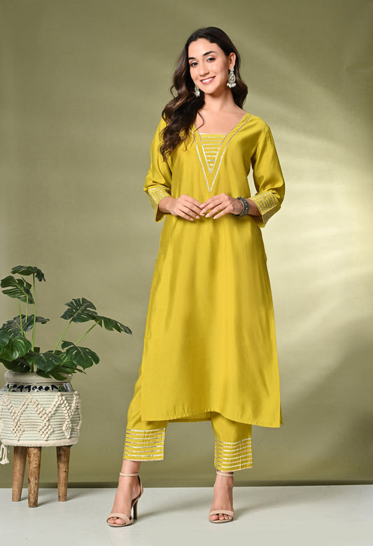 Lime Green Gotta Patti A-Line Kurta With Palazzo