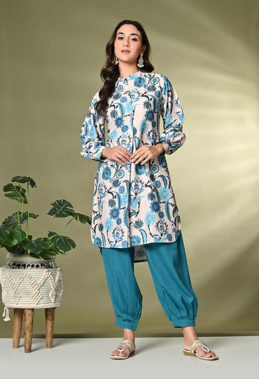 Off White & Blue Floral Printed A-Line Kurta With Salwar
