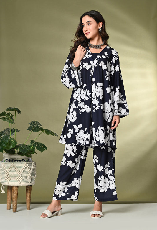 Black Floral Printed A-Line Kurta With Trousers