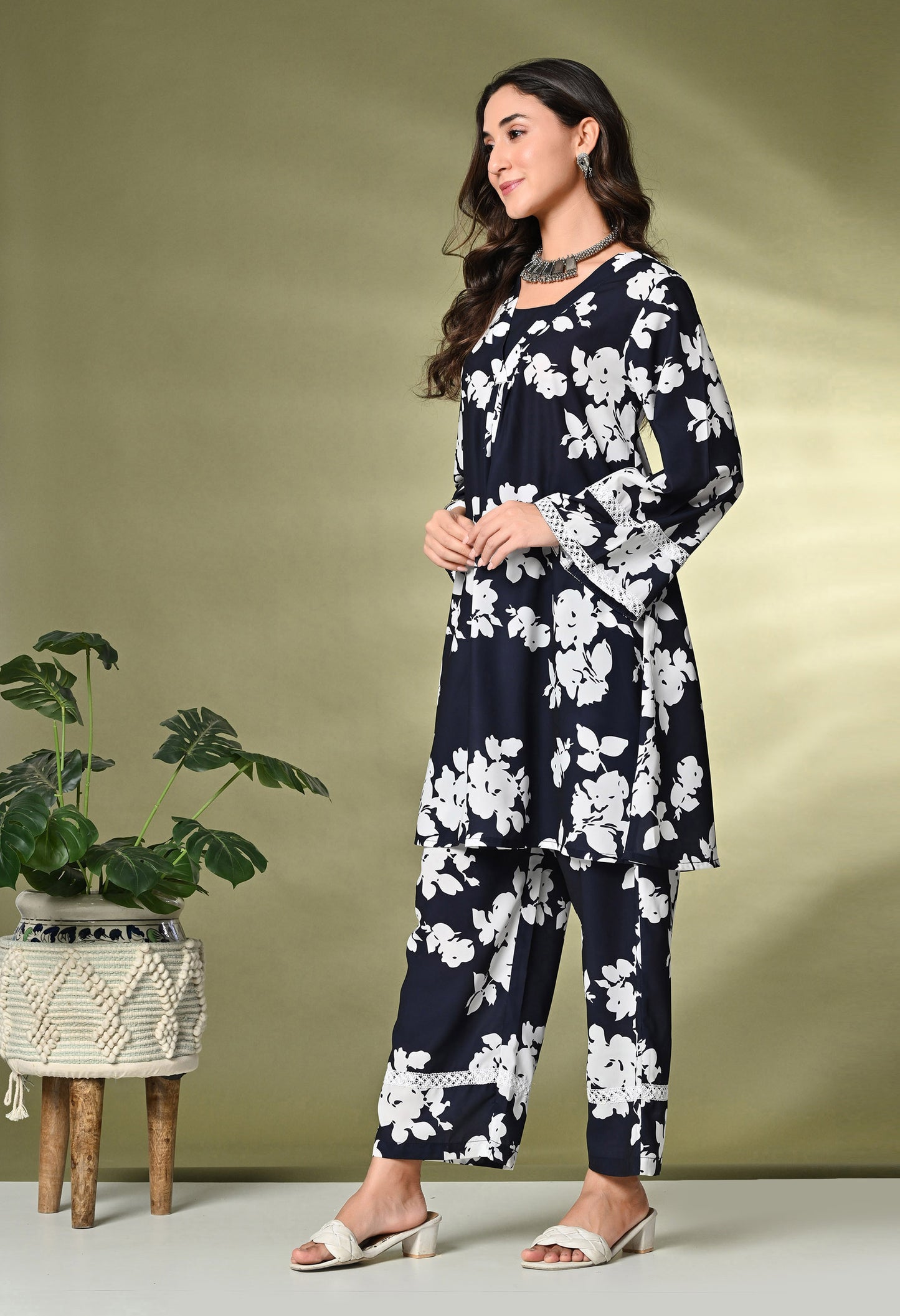 Black Floral Printed A-Line Kurta With Trousers