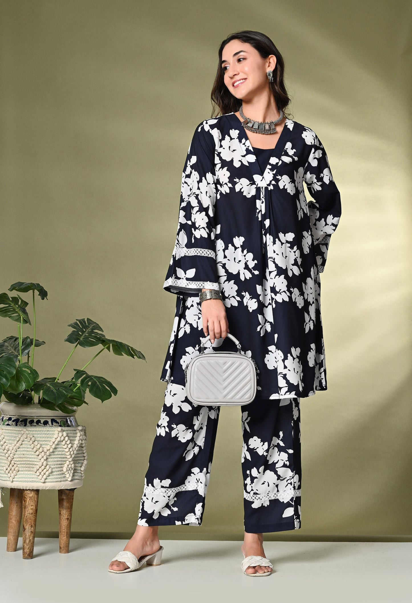 Black Floral Printed A-Line Kurta With Trousers