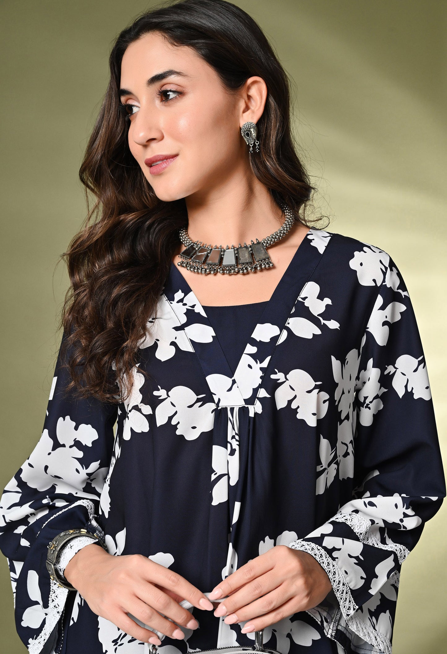 Black Floral Printed A-Line Kurta With Trousers