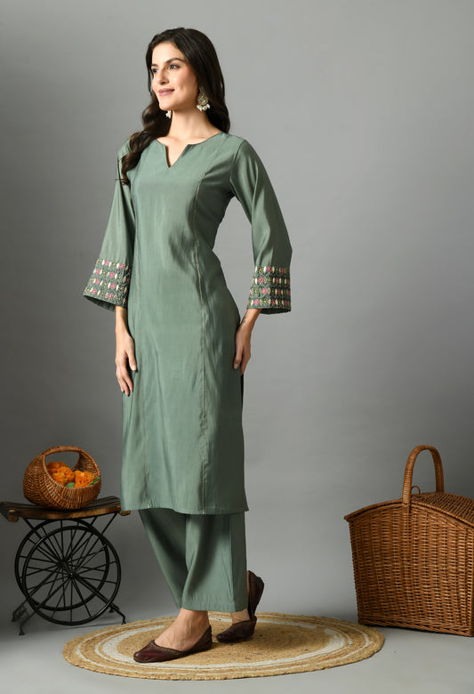 Teal Green Embroidered Notch Neck Pure Cotton Straight Kurta With Palazzos