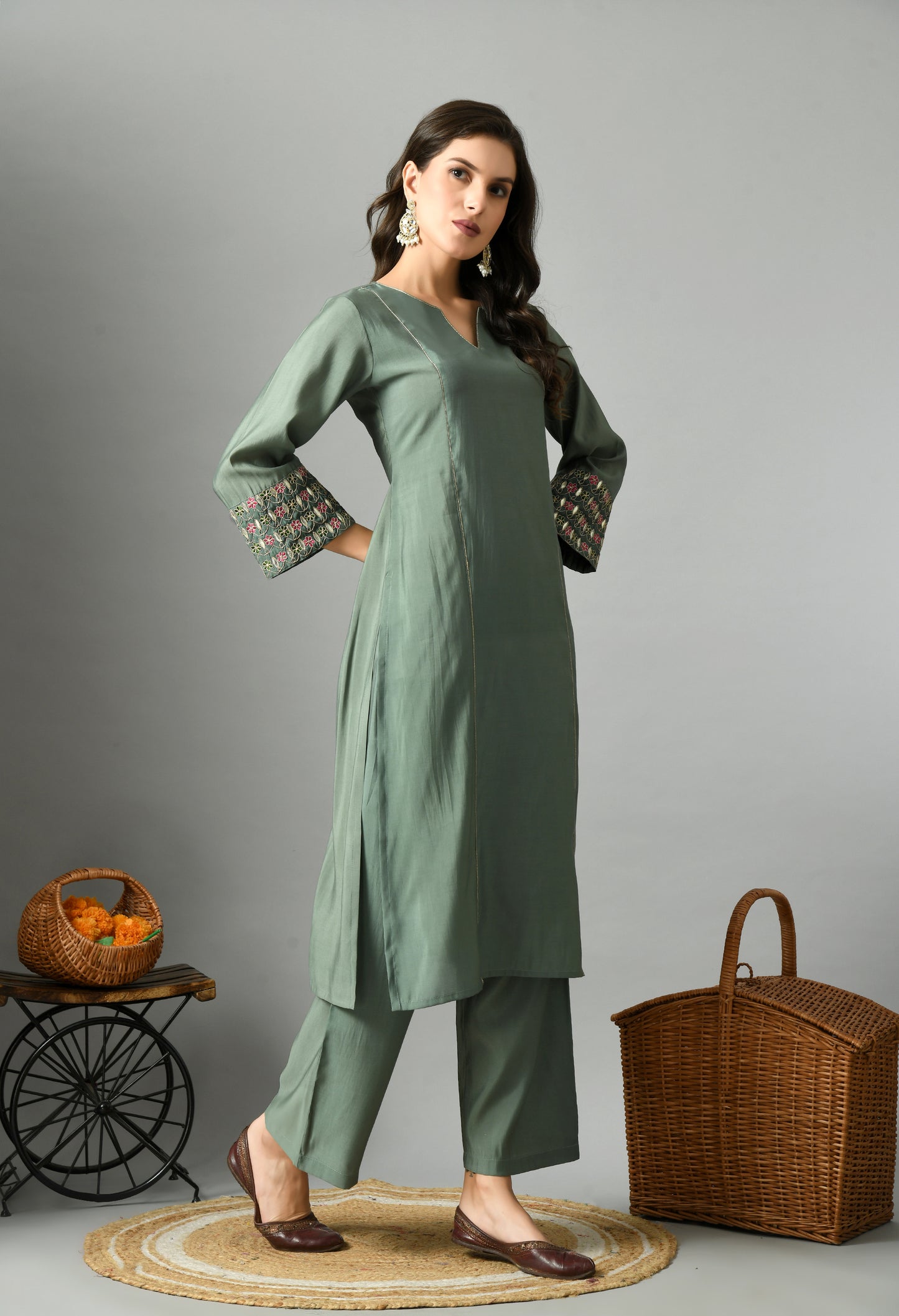 Teal Green Embroidered Notch Neck Pure Cotton Straight Kurta With Palazzos