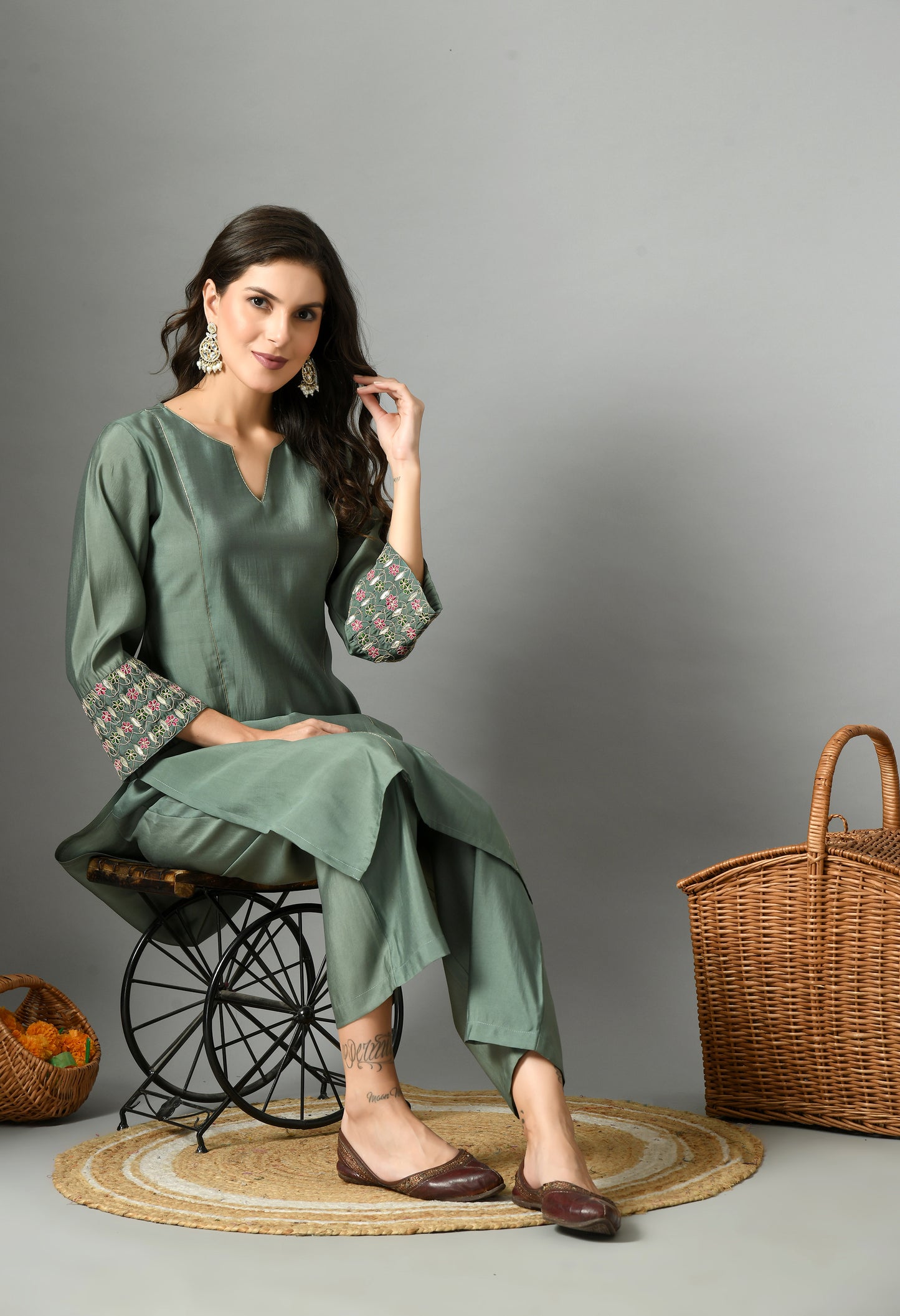 Teal Green Embroidered Notch Neck Pure Cotton Straight Kurta With Palazzos