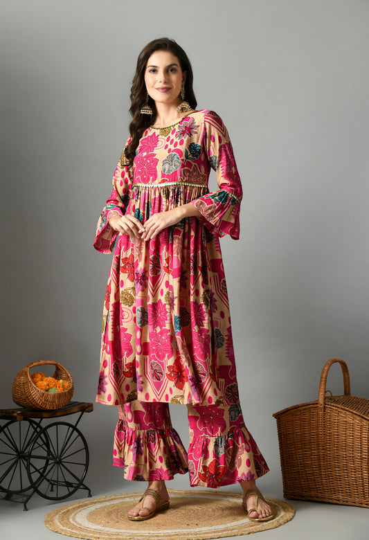 Pink & Beige Floral Printed Bell Sleeves Anarkali Kurta With Palazzos