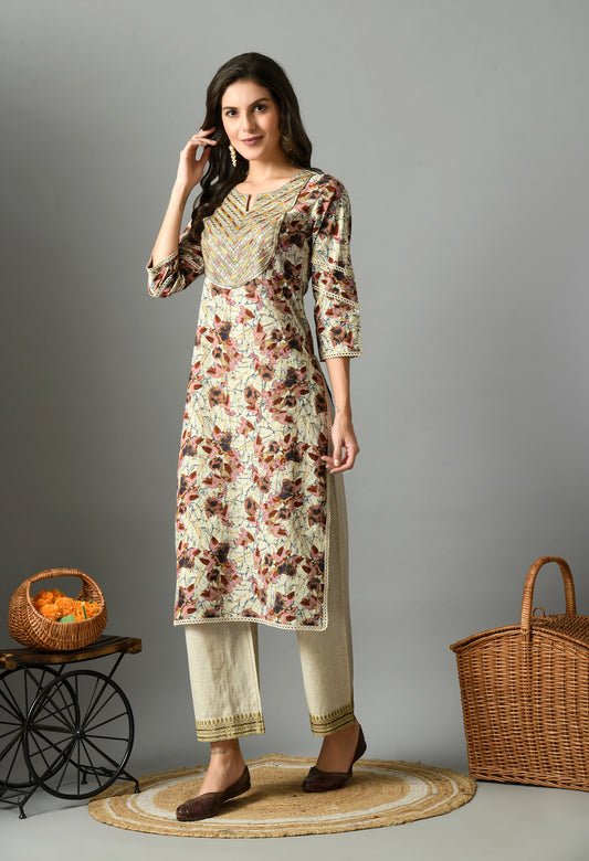 White & Maroon Floral Printed Notch Neck Pure Cotton Straight Kurta With Palazzos