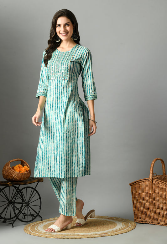 Green Striped Embroidered Sequined Yoke Design Straight Cotton Kurta With Palazzos