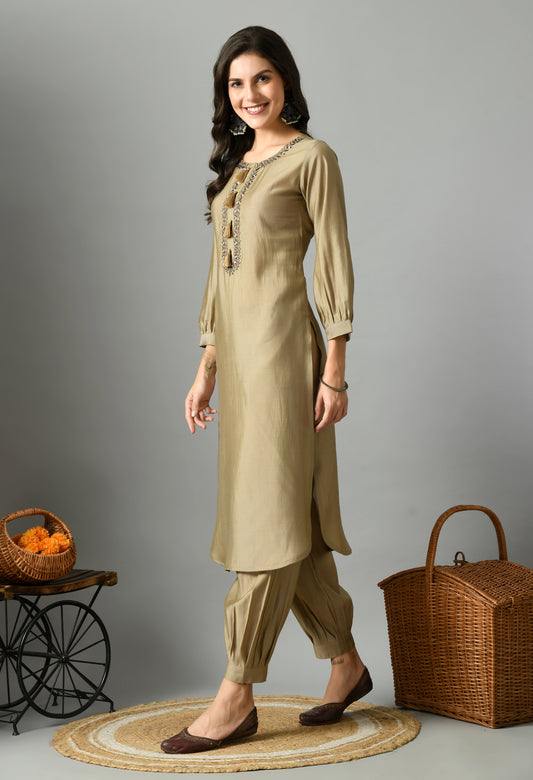 Biege Floral Yoke Design Embroidere Mirror Work Straight Kurtas With Salwar