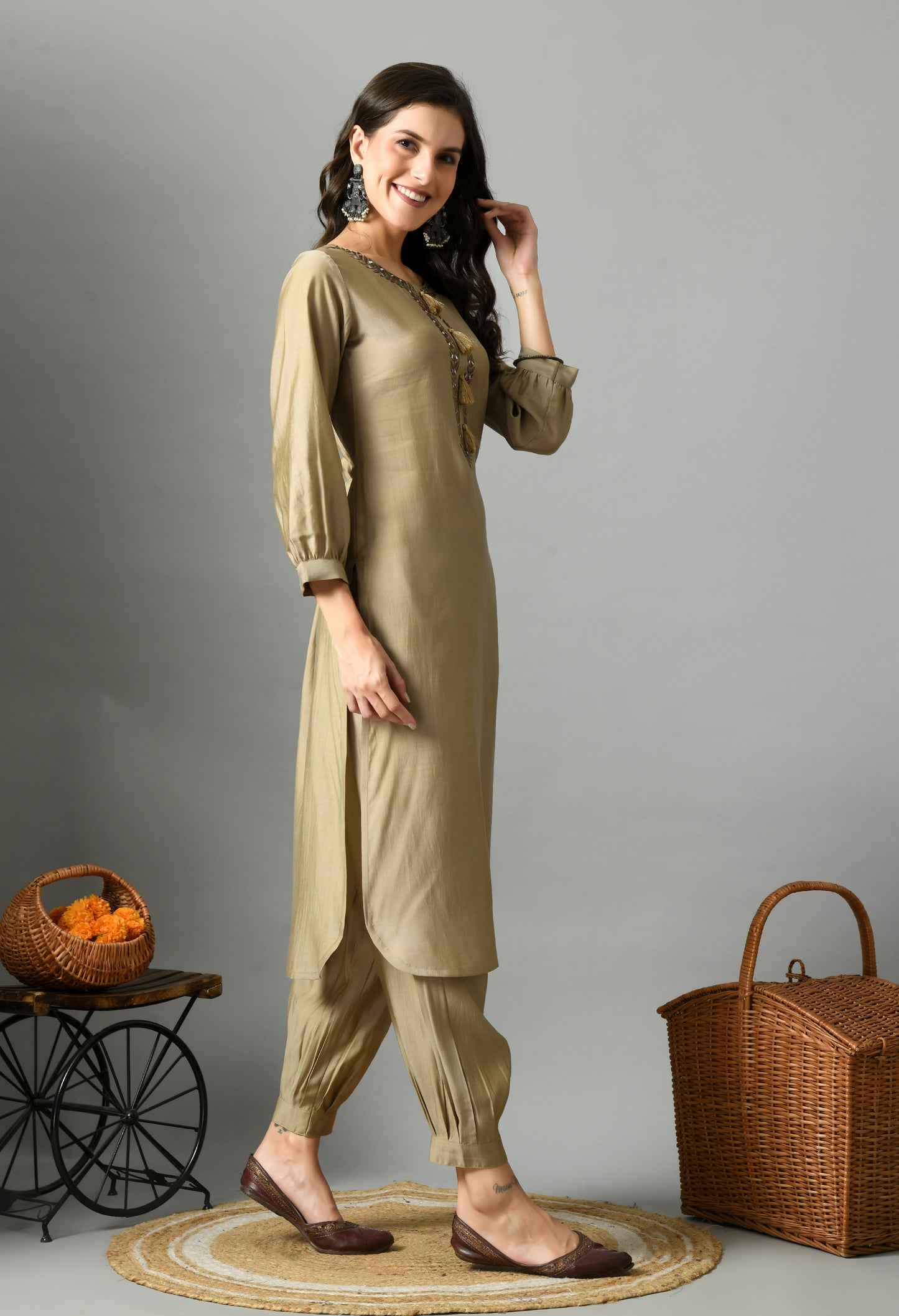 Biege Floral Yoke Design Embroidere Mirror Work Straight Kurtas With Salwar