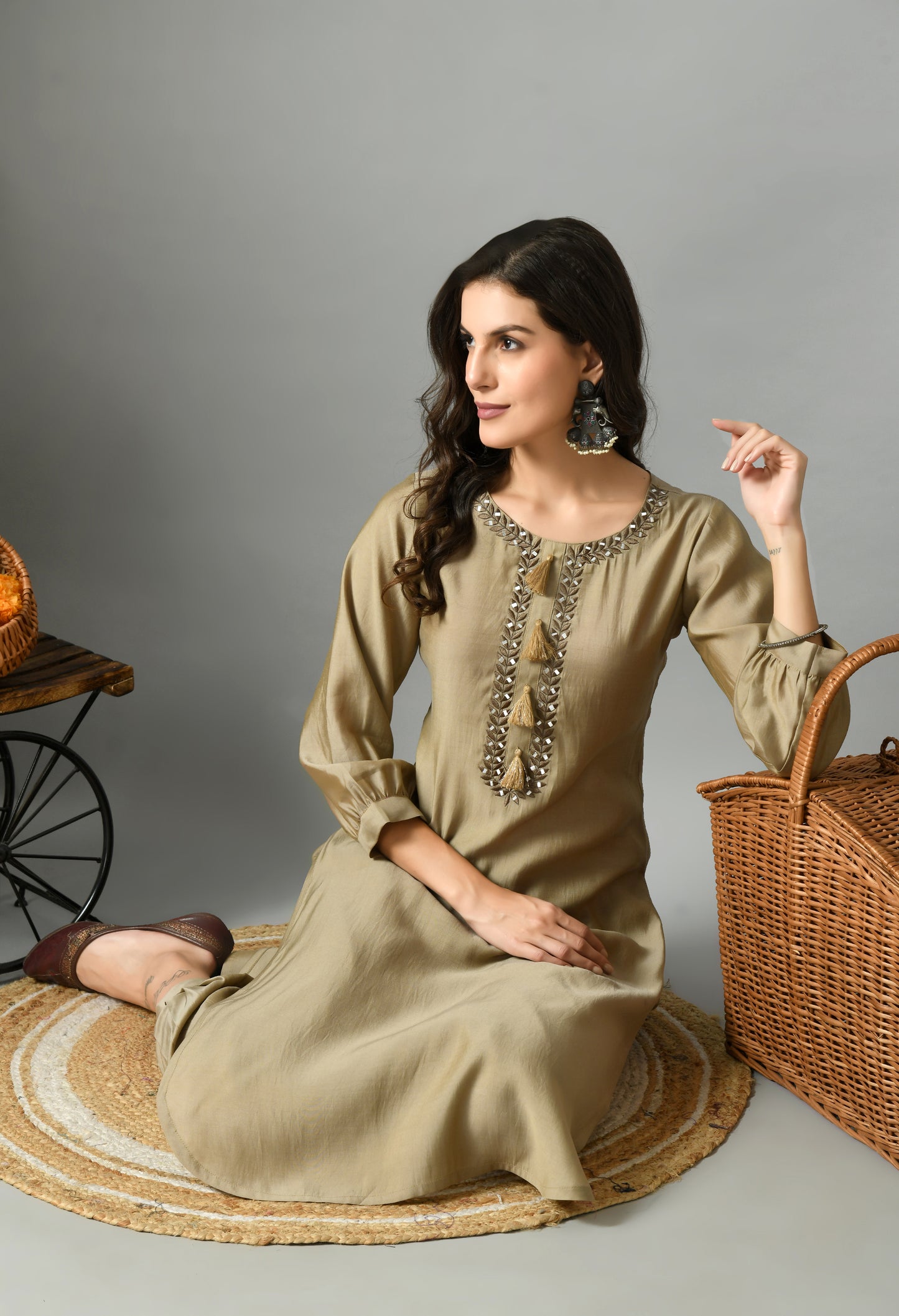 Biege Floral Yoke Design Embroidere Mirror Work Straight Kurtas With Salwar