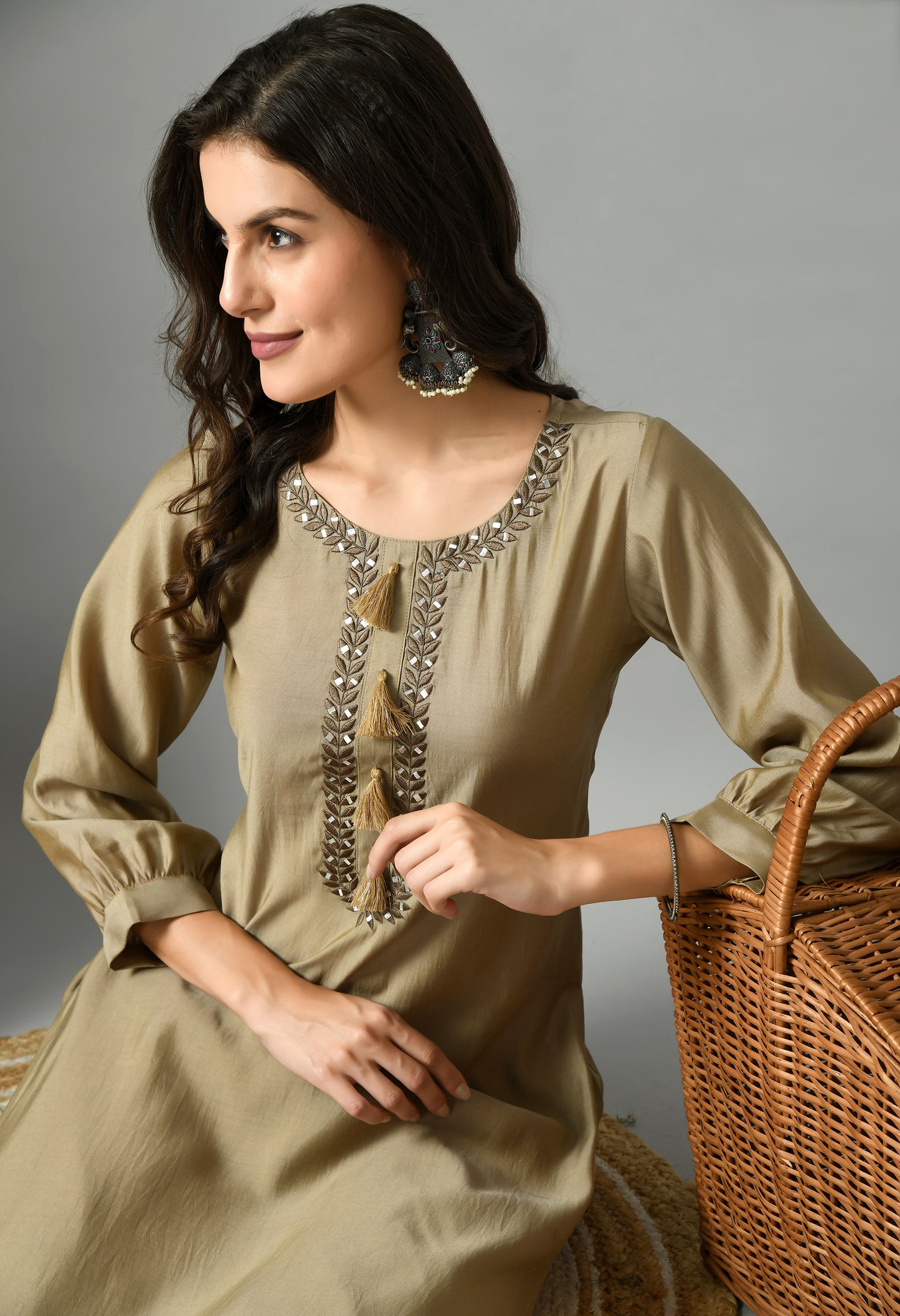 Biege Floral Yoke Design Embroidere Mirror Work Straight Kurtas With Salwar