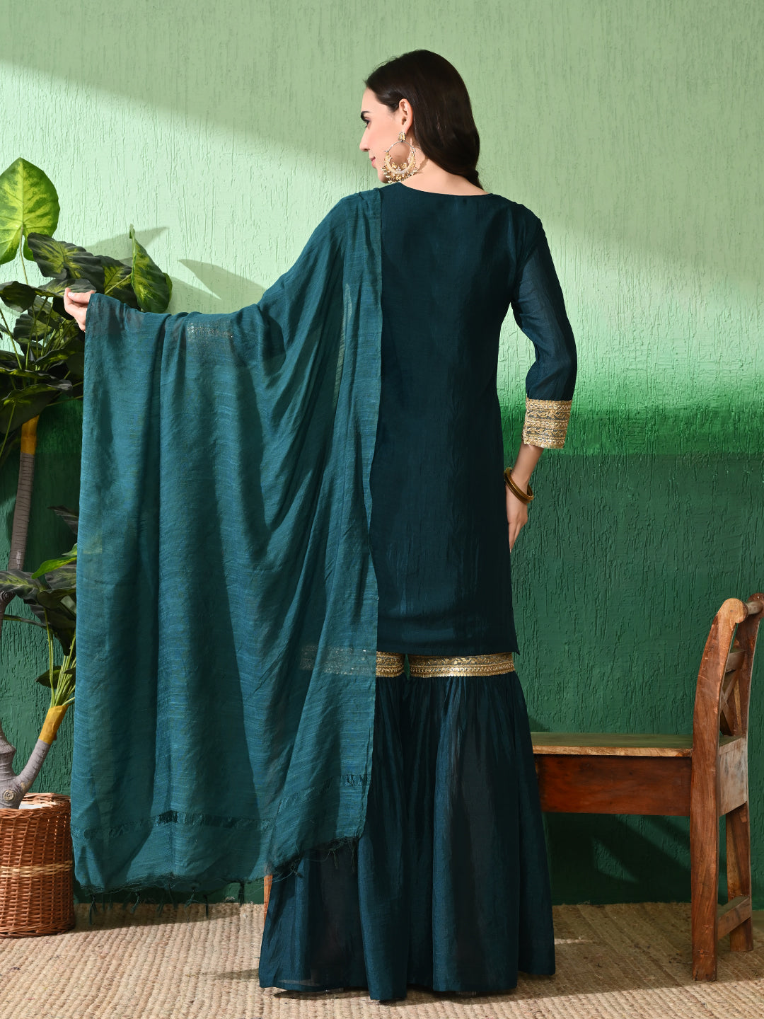 Exquisite Teal Blue Sharara Set: Vichitra Blend Silk with Intricate Gota Patti Work & Art Silk Dupatta