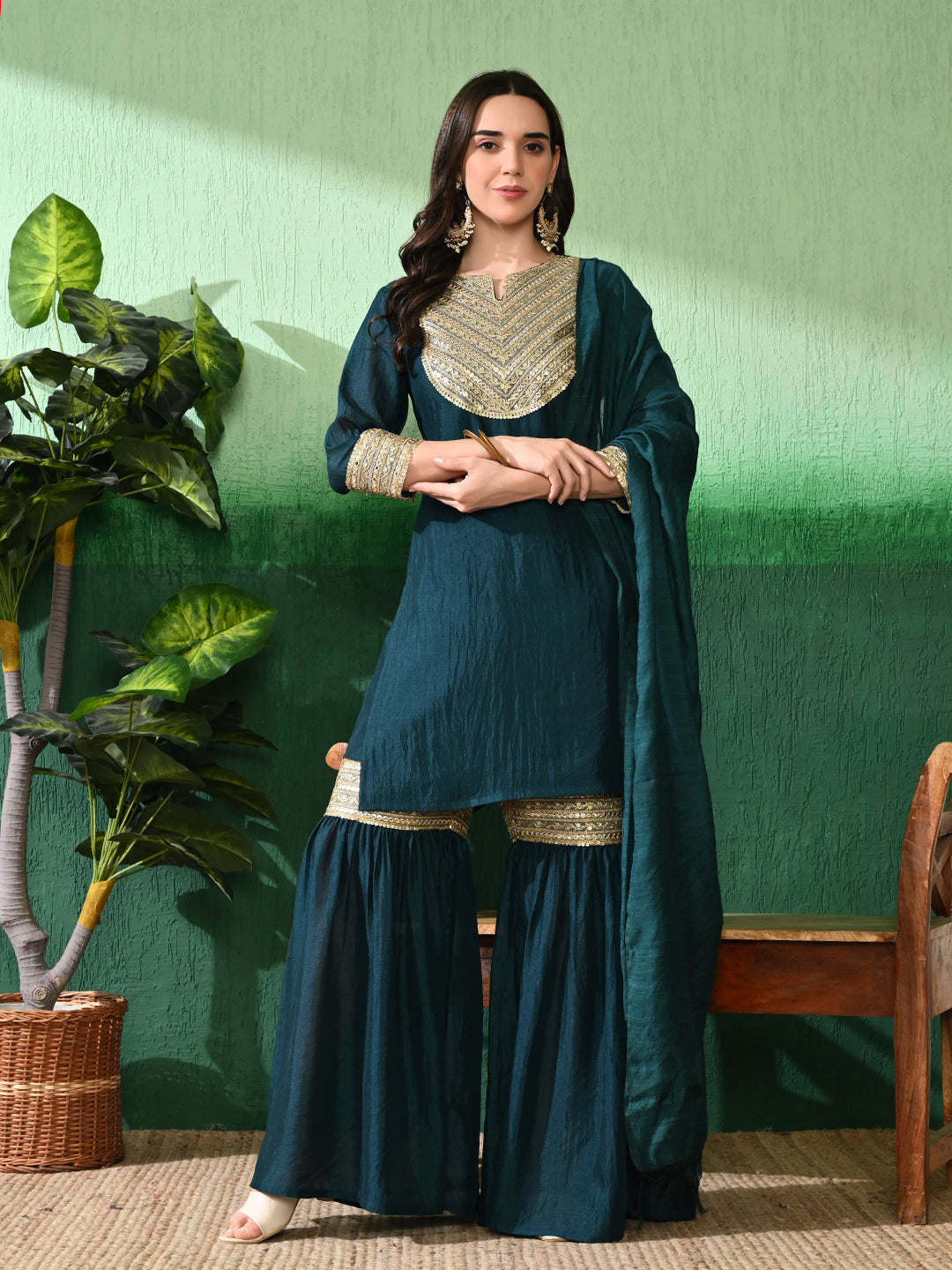 Exquisite Teal Blue Sharara Set: Vichitra Blend Silk with Intricate Gota Patti Work & Art Silk Dupatta