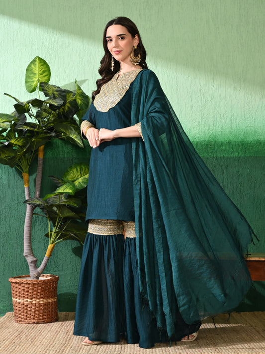 Exquisite Teal Blue Sharara Set: Vichitra Blend Silk with Intricate Gota Patti Work & Art Silk Dupatta