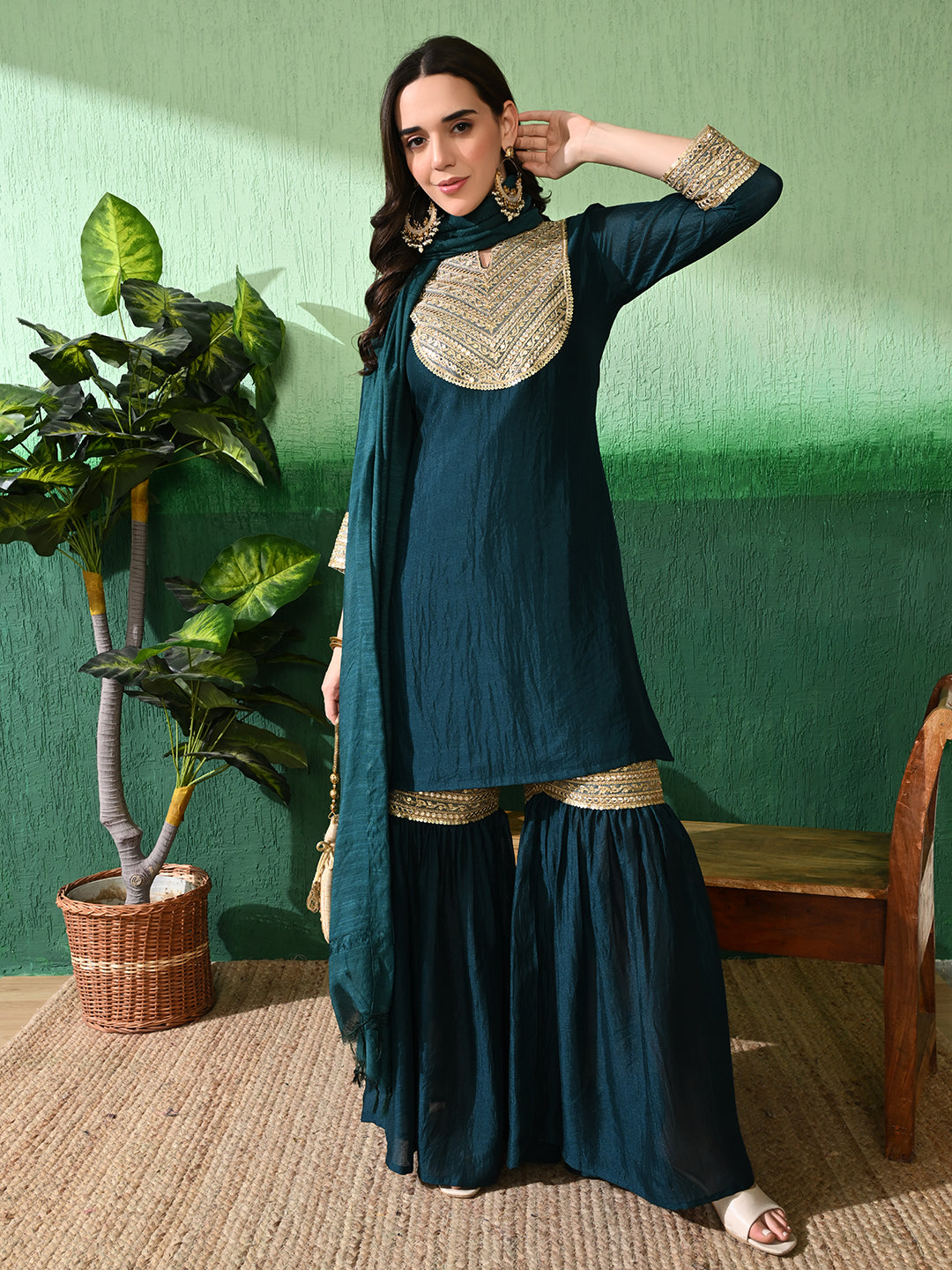 Exquisite Teal Blue Sharara Set: Vichitra Blend Silk with Intricate Gota Patti Work & Art Silk Dupatta