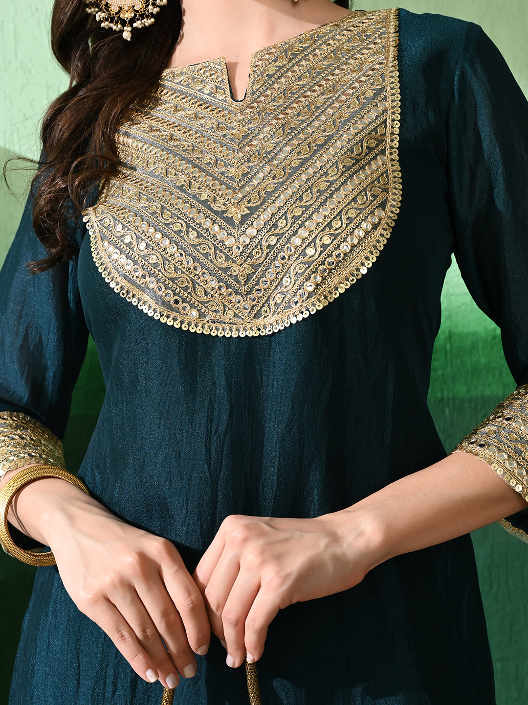 Exquisite Teal Blue Sharara Set: Vichitra Blend Silk with Intricate Gota Patti Work & Art Silk Dupatta