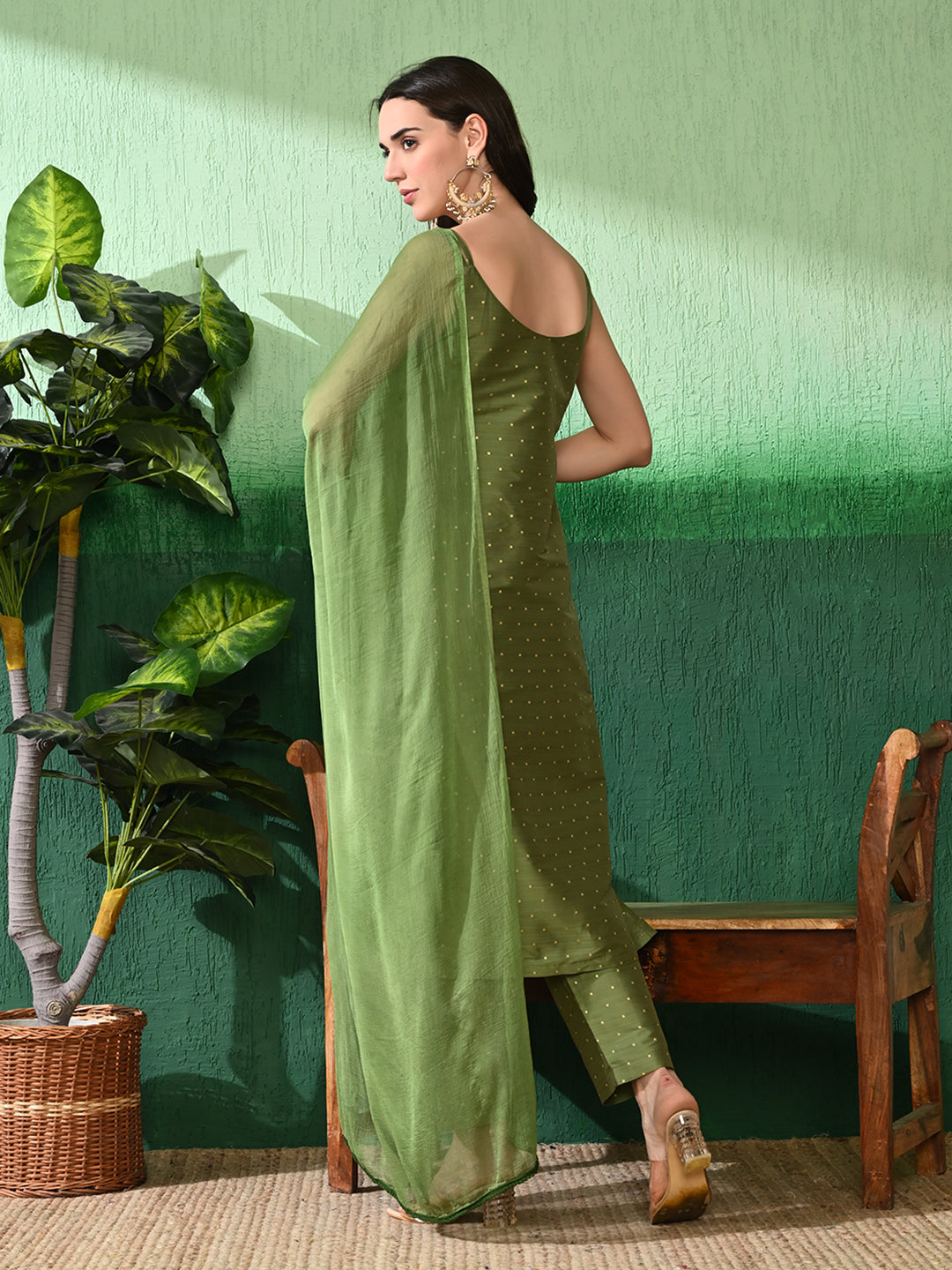 Elegance Personified: Women's Olive Green Buta Dobby Blend Silk Kurta Set with Chiffon Dupatta