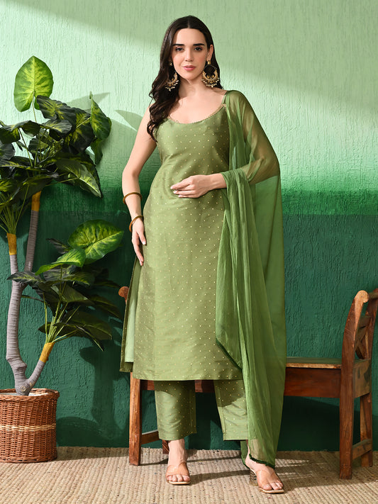 Elegance Personified: Women's Olive Green Buta Dobby Blend Silk Kurta Set with Chiffon Dupatta