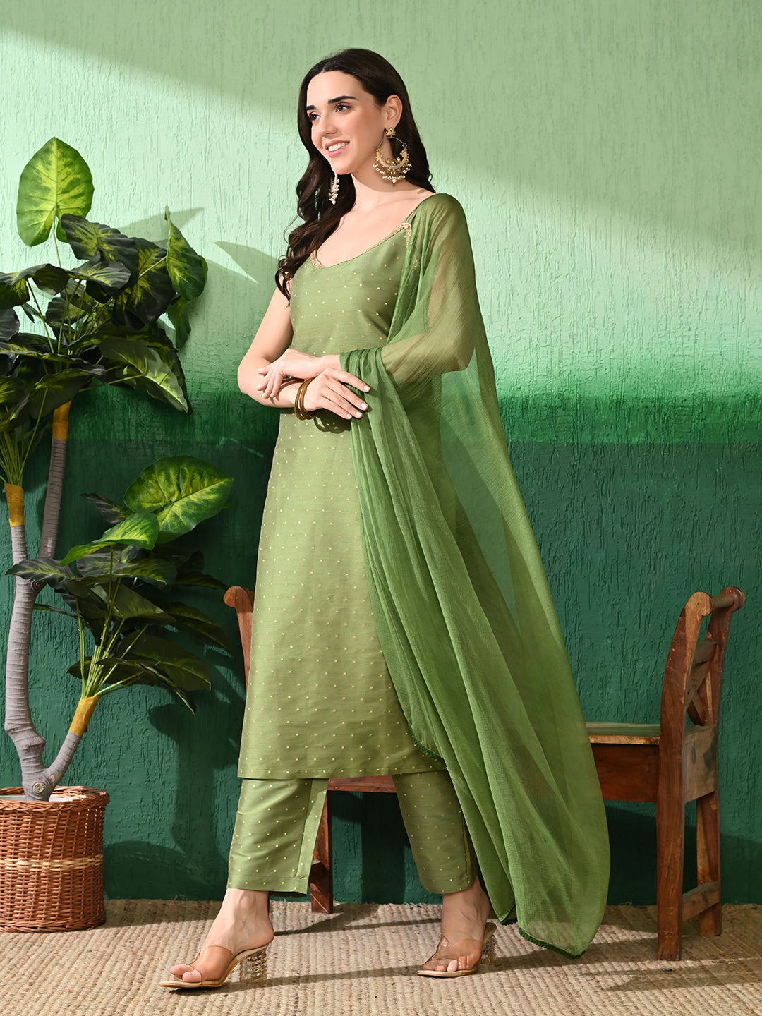 Elegance Personified: Women's Olive Green Buta Dobby Blend Silk Kurta Set with Chiffon Dupatta