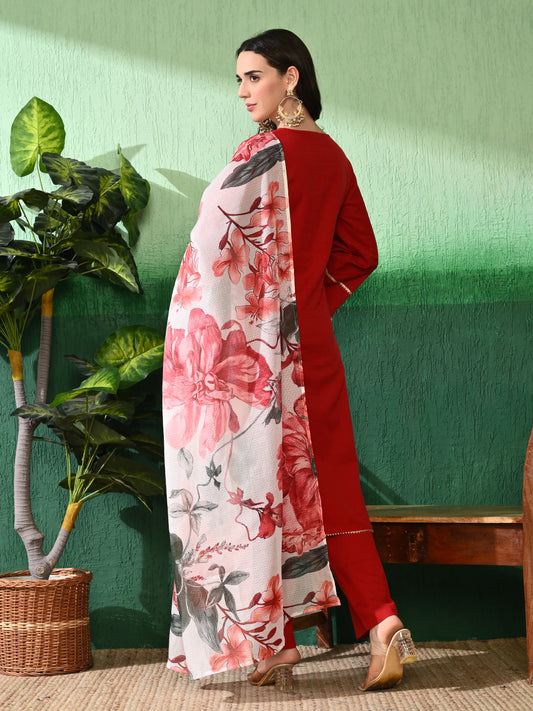 Elegant & Versatile: Women's Red Cotton Flex Kurta Set with Floral Kota Check Dupatta